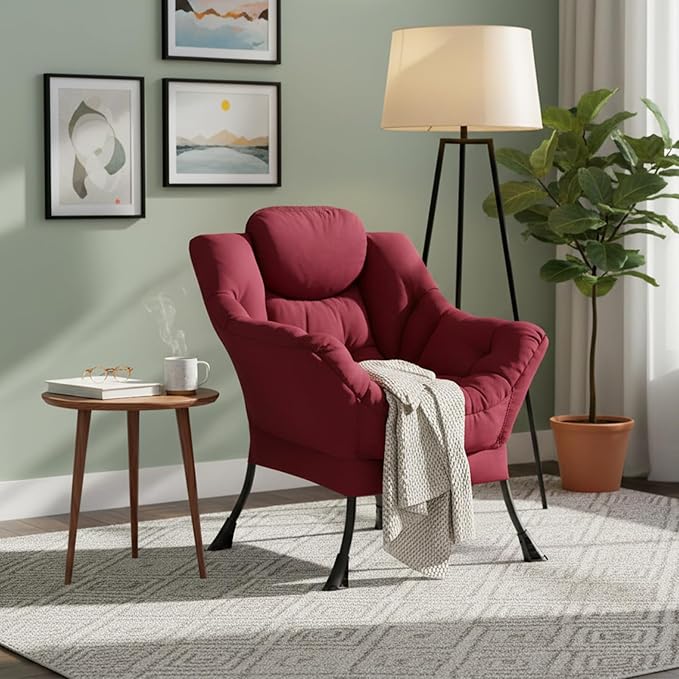Welnow Lazy Chair for Living Room Modern Reading Accent Chair with Armrests and a Side Pocket Leisure Upholstered Lazy Sofa for Small Space Bedroom Dorm Burgundy