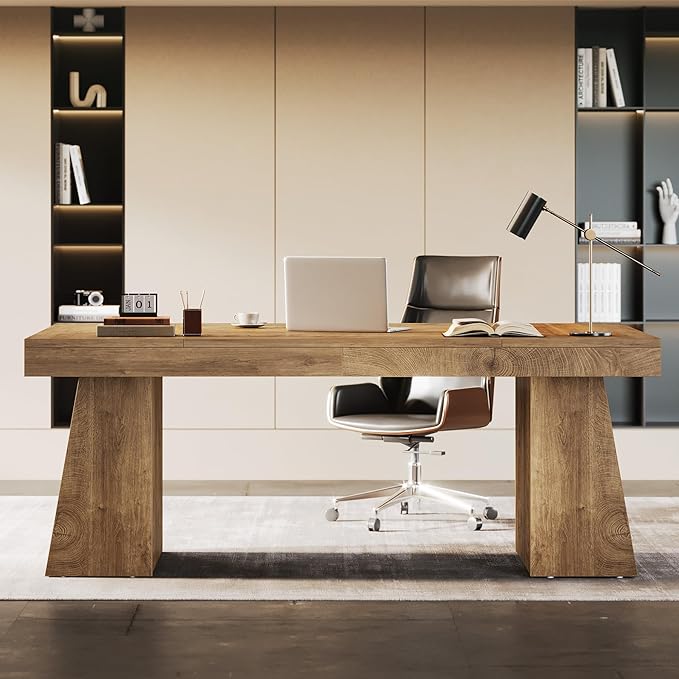 Tribesigns 55-Inch Executive Desk Thick Wood Office Computer Desk with Double Pedestal Modern Minimalist Workstations Writing Table Conference Table Furniture for Home Office Light Brown
