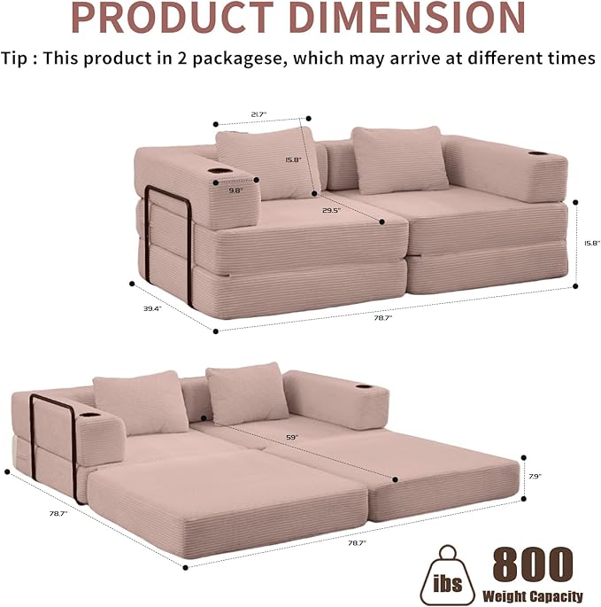 78 Loveseat Sleeper Sofa 4 in 1 Convertible Floor Sofa Bed Boneless Cloud Couch with Cup Holder Fold Out Floor Couch for Living Room Bedroom Lounge Corduroy Pink
