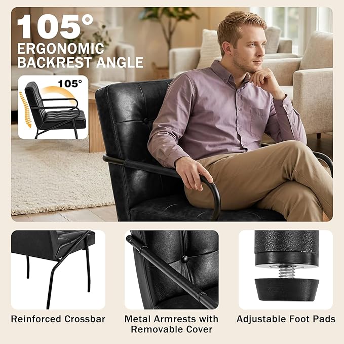 Modern Leather Accent Chair Comfy Reading Arm Chairs Ergonomic Lounge with Extra Soft Pocket Spring Cushion for Living Room Waiting Room Bedroom Office 300lbs Capacity Black