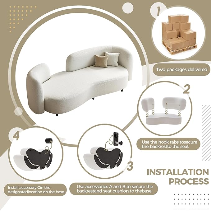 Sherpa Curved Loveseat Sofa Modern Upholstered Couch with Solid Wood Frame Thick Foam Cushion Compact Comfy Sofa for Apartment Living Room or Office – Ivory White