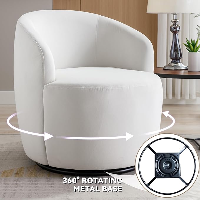 FOXHUNTER Swivel Barrel Chair 360° Small Single Sofa Armchair Comfy Round Sofa Chair Boucle Chairs Padded Armchair Modern Round Accent Arm Chairs for Living Room Bedroom Velvet White
