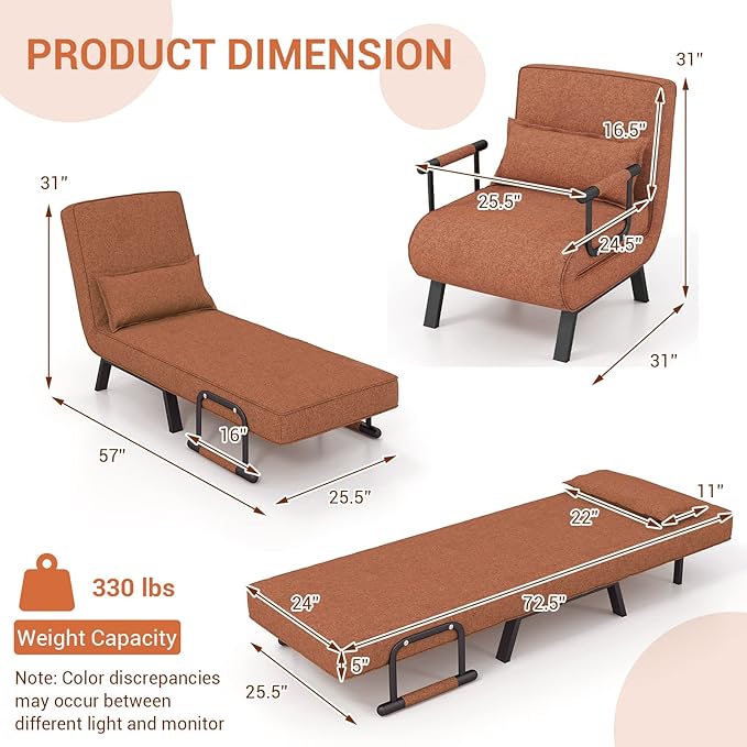 HOMGX 4-in-1 Convertible Sofa Chair Bed Leisure Recliner Sleeper w/ 6 Adjustable Position Backrest Lounge Seat Folding Sofa Bed w/High Elastic Sponge Ideal for Home Office (Coffee)
