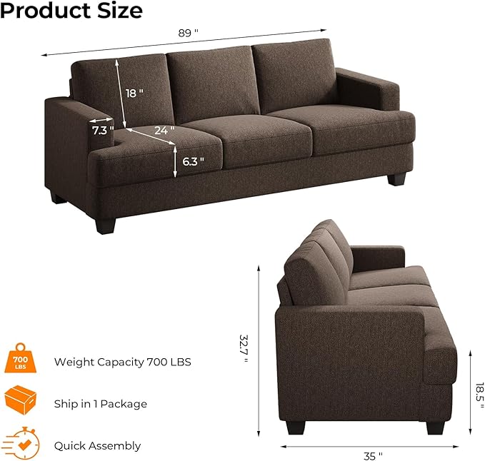 89 Inch Sofa with Extra Deep Seats Oversize 3 Seater Sofa for Living RoomModern Couch and Sofa Comfy Armrests and Seats and Backrests Easy Installation Brown