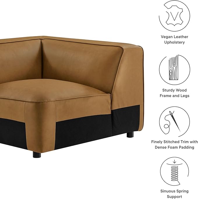 Modway Auren Vegan Leather Corner Modular Chair in Camel - Mid Century Modern Faux Leather Corner Sectional Couch - Living Room Armless PU Leather Single Sofa Chair