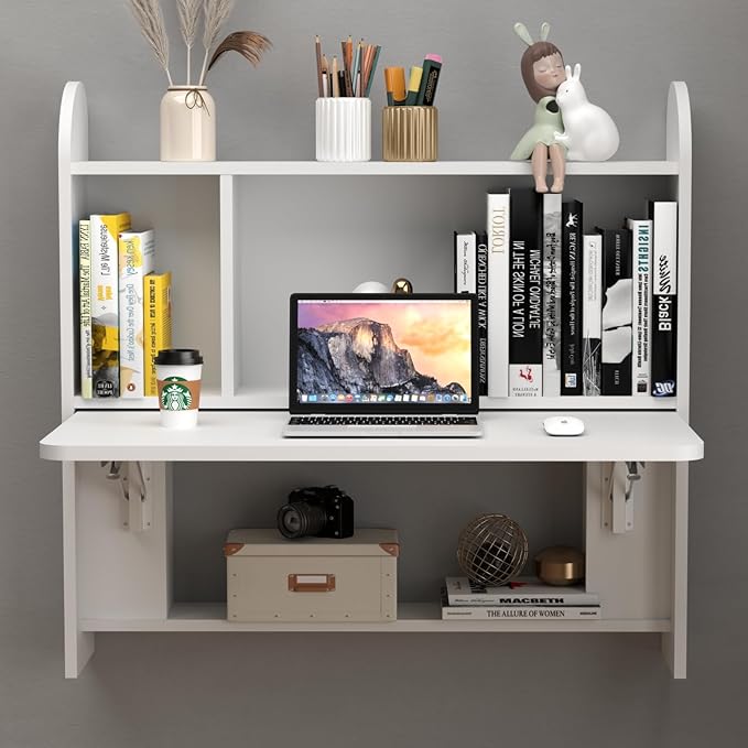 Wall Mounted Drop-Leaf Table Floating Laptop Desk Folding Table with Shelves Multifunctional Computer Workstation with Storage Compartments in Home Office for Space Saving (White)