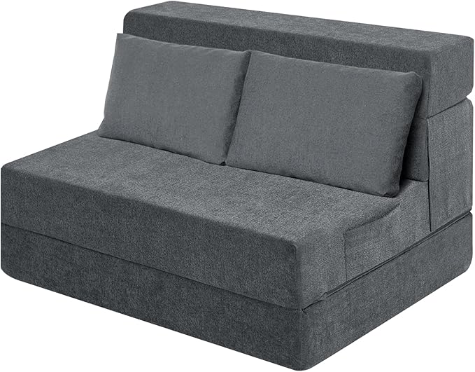 Folding Sofa Bed Chair with PillowConvertible Fold Out Chair Bed SleeperFoam Floor Mattress Foldable Futon Couch Bed for Living Room/Dorm/Guest/Office (Grey Twin)