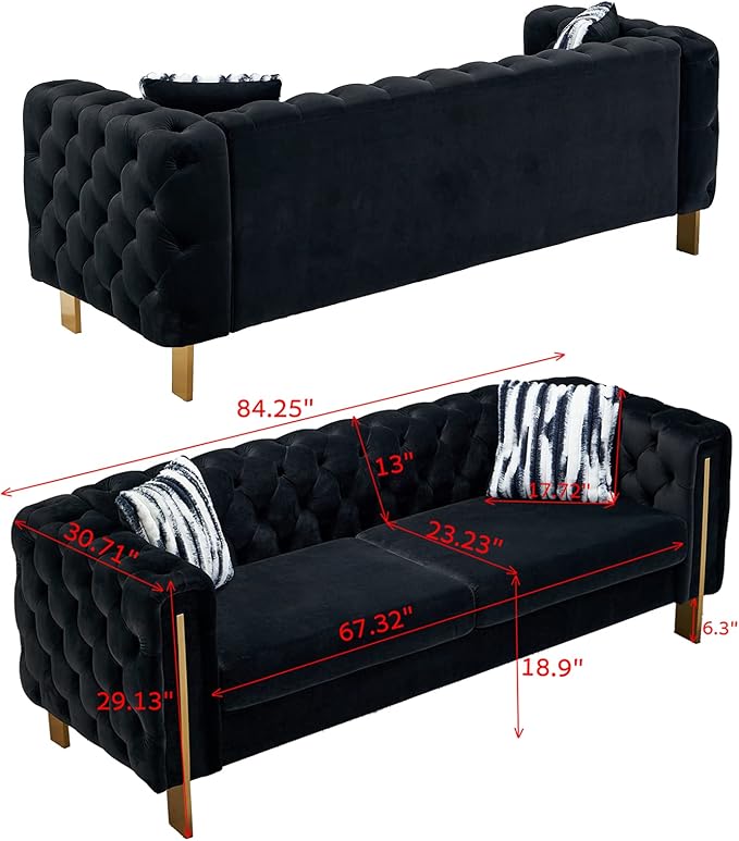Dolonm Modern Velvet Sofa for Living Room 84 Inches Long Tufted Couch Upholstered Sofa with 2 Pillows High Arm and Metal Legs Decor Furniture for Bedroom Office (Black)