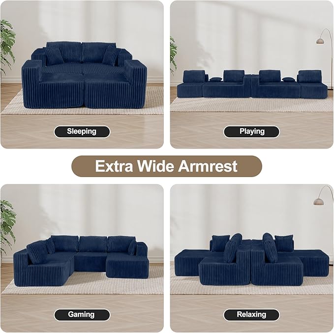 132 U Shaped Couch Oversized Modular Sectional Sofa with Chaise Corduroy U Shaped Couch with Deep Seat Boneless Couches for Living Room No Assembly Required Blue
