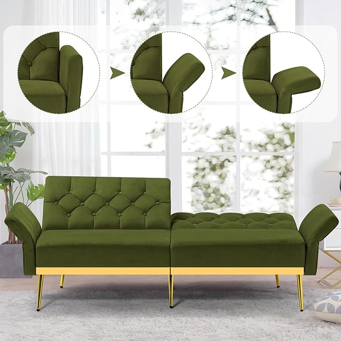 Velvet Sofa Bed w/Adjustable Armrests and Backrests Modern Convertible Sleeper Sofa Tufted Futon Sofa for Bedroom Living Room Apartment Olive Green