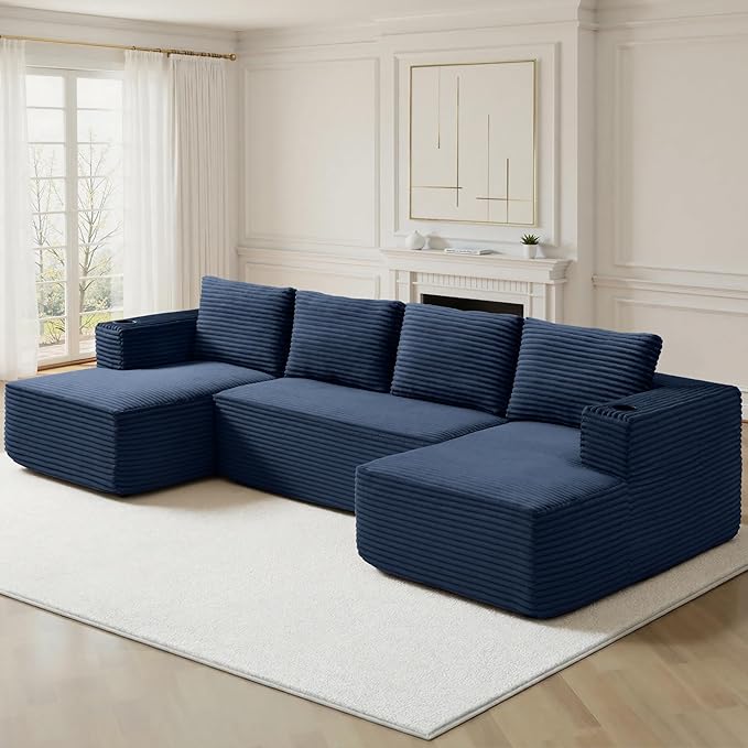 132 Cloud Couch Sectional Modular Sofa with Cup Holder and Deep Seat Corduroy U Shaped Boneless Sofas Couch in a Box No Assembly Required Blue Couches for Living Room