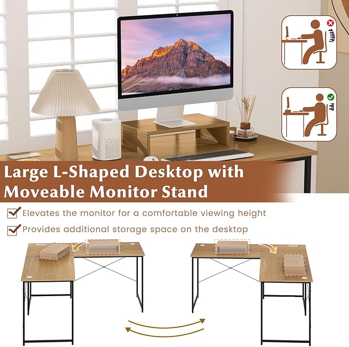 Giantex L Shaped Computer Desk 59 Inch Reversible Corner Desk with Power Outlet and USB Ports &amp Monitor Stand Wooden Writing Desk Gaming Table for Home Office Room Small Space (Natural)