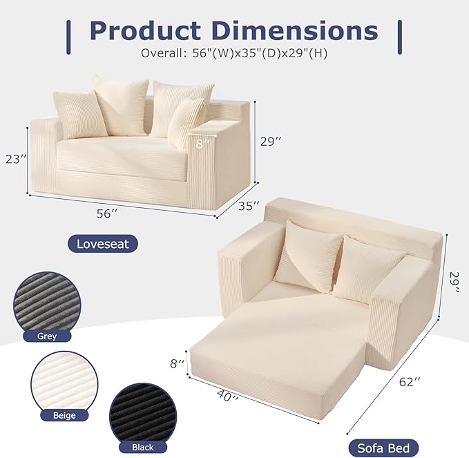 Convertible Sofa Bed Boneless Couch Loveseat Sleeper 2 in 1 Folding Couch Bed Fold Out Comfy Floor Futon Sofa with Pillows for Living Room Bedroom Beige