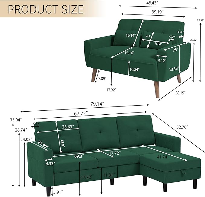 2 Pcs Convertible Sectional Sofa Set 3-Seater L Shaped Couch with Reversible Chaise and Comfy Loveseat Sofa Polyester Fibre for Living Room Green