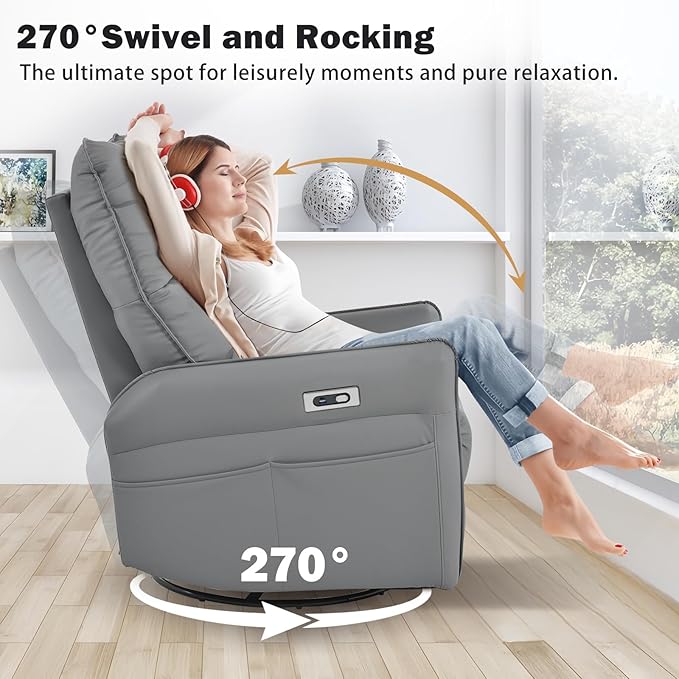 cinkehome Power Swivel Rocker Recliner with USB Overstuffed Electric Reclining Chair Faux Leather Rocker Recliner for Nursery Living Room