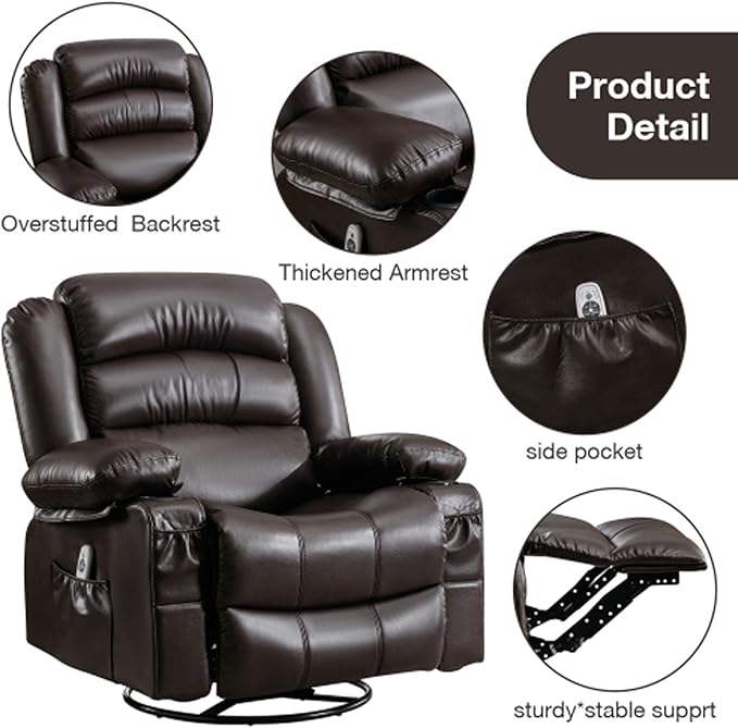 Electric Recliner Chairs for Adults Massage Recliner Chair with Heat 360 Swivel Recliners Chair for Living Room with 2 Cup Holders &amp USB Charge Port Rocking Function and Side Pocket (Brown)