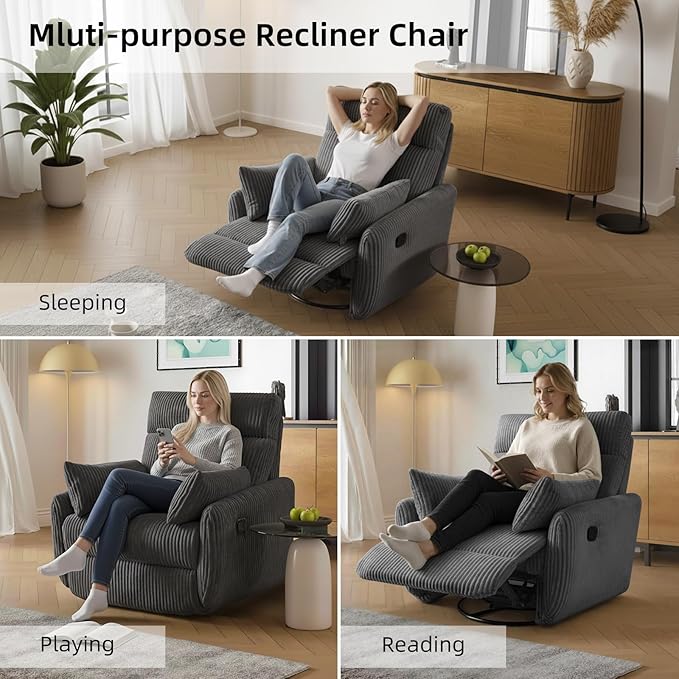 Swivel Recliner Chair for Adults Corduroy Nursery Glider Rocking Chair Armchair with 2 Pillows Comfy High Back Reclining for Small Spaces Nursery Bedroom Living Room (Corduroy Gray 1 Pack)