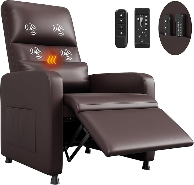 Power Recliner Chair with Heat &amp Massage Adjustable Electric PU Leather Single Sofa Ergonomic Tall-Back Padded Seat Home Theater Seating Recliner for Living Room