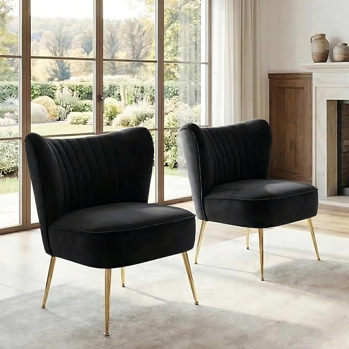 DUOMAY Modern Accent Chair Set of 2 Velvet Slipper Chair with Gold Legs Wingback Side Chair for Living Room Bedroom Entryway Small Corner Chair for Space Saving Black
