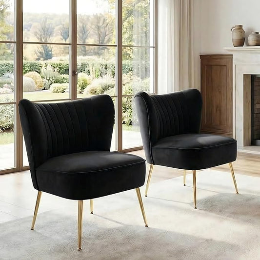 DUOMAY Modern Accent Chair Set of 2 Velvet Slipper Chair with Gold Legs Wingback Side Chair for Living Room Bedroom Entryway Small Corner Chair for Space Saving Black