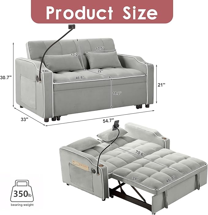 3 in 1 Convertible Sofa Bed Velvet Pull Out Couch Bed w/ Adjustable Back Love Seat Sleeper Beds w/ USB Ports &amp Cup Holders Phone Stand Full Size Futon Couch for Living Room Small Spaces (Gray)