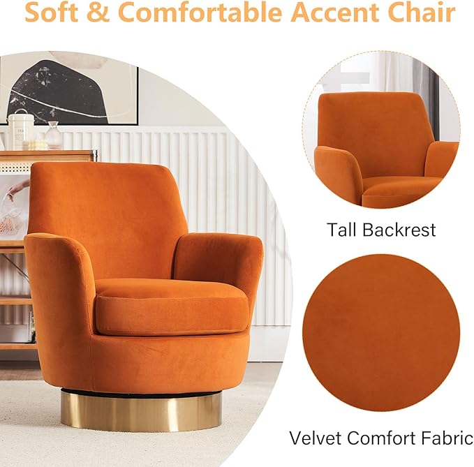 Swivel Barrel ChairModern Velvet Upholstered Round Swivel Accent Chairs with Tall Backrest360 Degree Single Sofa Chair Armchair for Living Room (Orange*1PCS)
