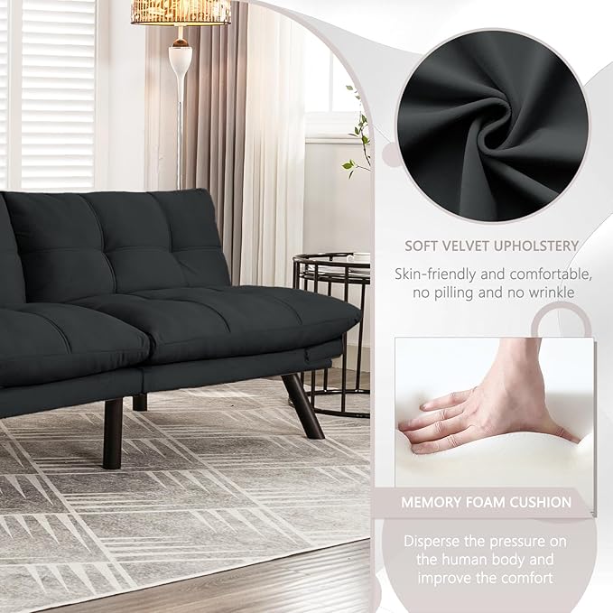 KINFFICT Convertible Futon Sofa Couch Bed Modern Memory Foam Sleeper Loveseat Sofa with Adjustable Armrests &amp Backrests Comfy Love Seat for Living Room Bedroom Office Apartment Small Space