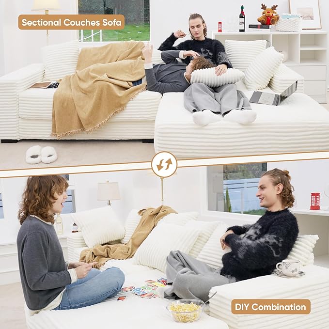 111'' Modern Sectional Cloud Sofa with Chaise Extra Large Sleeper Couches Corduroy with 8pcs Pillows for Living Room Bedroom