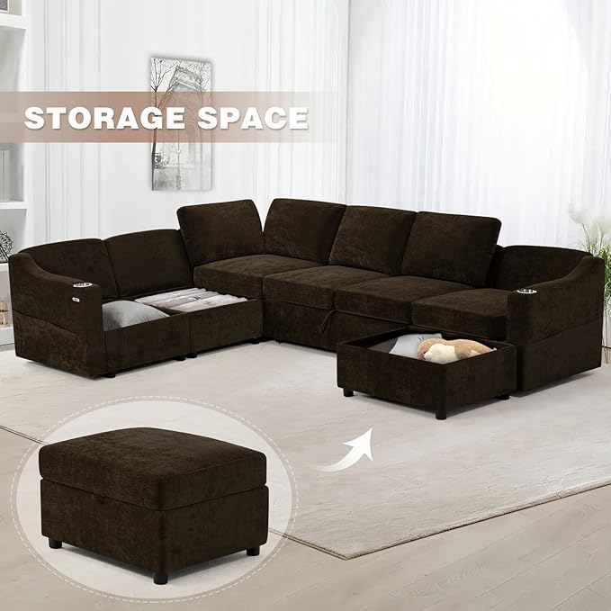 116 Chenille Modular Sofa Bed w/Adjustable Backrests U-Shape Sleeper Sofa w/USB Ports &amp Storage Space Convertible Corner Sectional Couch w/Pull Out Bed for House Living Room Brown