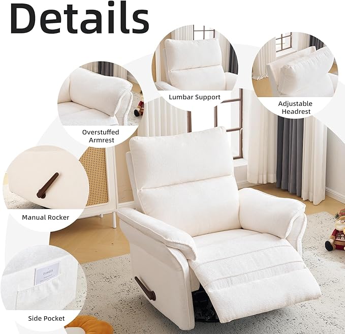 Oversized Recliner Chair 26 Extra Wide 360° Swivel Rocker Recliner with Adjustable Headrest Chenille Glider Rocking Nursery Chair with Overstuffed Armrest Lumbar Support White