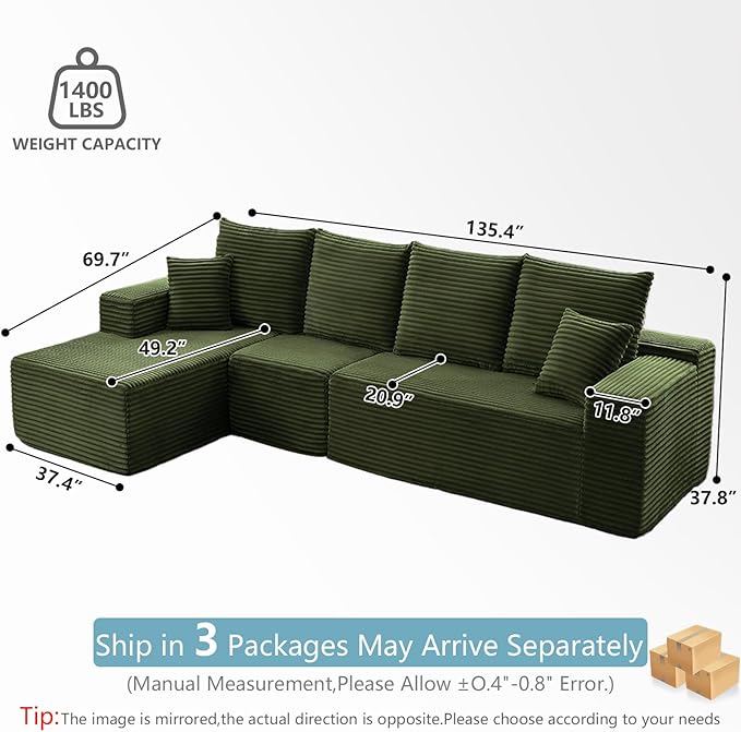135.4 Cloud Sectional Couch with L-Shape Chaise Modern Corduroy Boneless Couch for Living RoomMemory Foam Sofa with Deep SeatNo Assembly Required (GreenLeft-Facing Chaise)