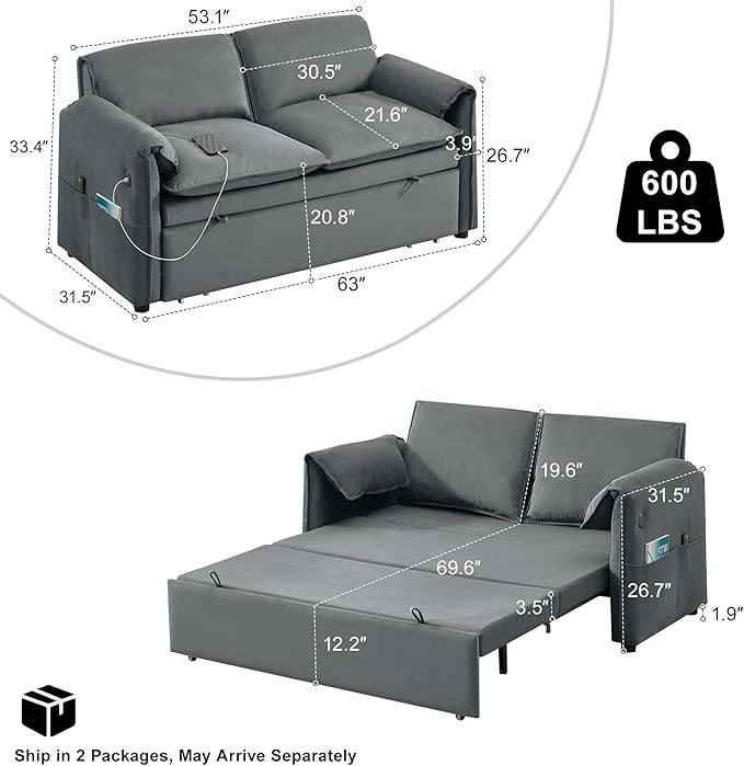 63 Velvet Pull Out Sofa Bed 3-in-1 Convertible Futon Loveseat Queen Sleeper Sofa Couch Bed with Adjustable Backrest USB Ports &amp Side Pockets Modern Sofas for Living Room Apartment Light Grey