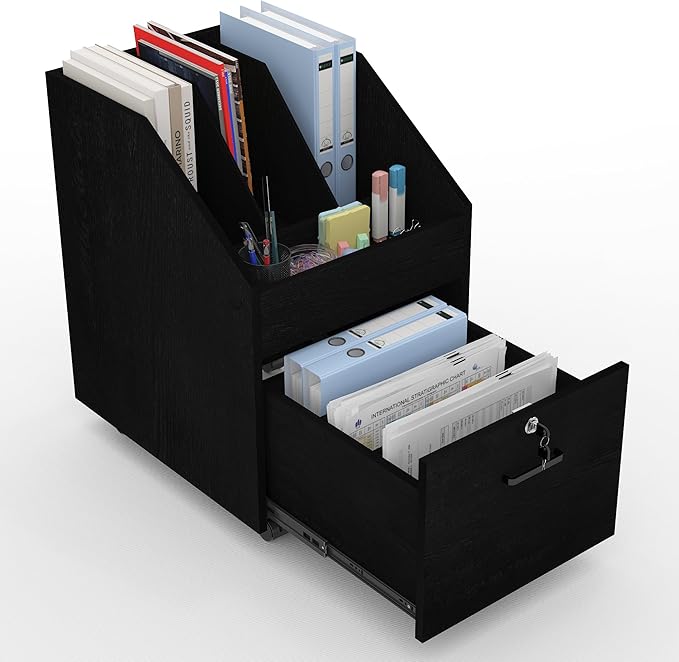 Mobile File Cabinet with LockUnder Desk Rolling File Cabinets for Home OfficeWood Filing Cabinet (Black)