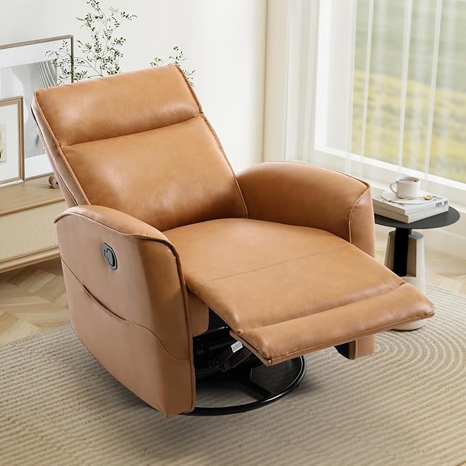 CANMOV Leather Recliner Chair Swivel Rocker Recliner Chair 360°Swivel Nursery Glider Recliner Manual Recliner for Small SpacesLiving RoomBedroomBrown