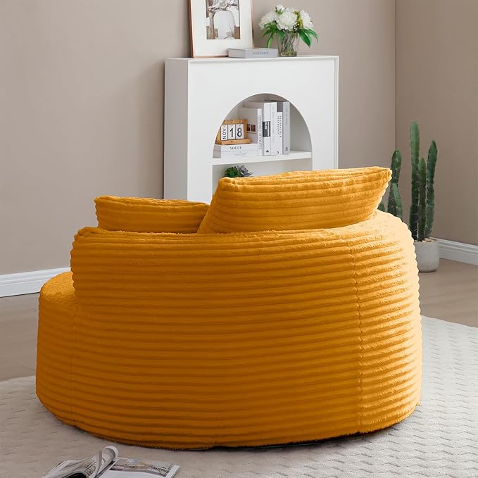 53'' Oversized Round Chaise Longue Chair Upholstered Corduroy Single Cloud Circle Sofa Chair Comfy Deep Seat Boneless Couch Bed No Assembly Required for Living Room Bedroom Apartment Yellow