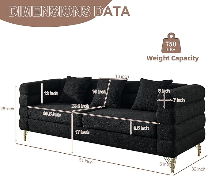 Modern Sofa Couch 81 W Teddy Bouclé Oversized Loveseat Cloud Sofa Upholstered Tufted Comfy Deep Seat Couch with Gold Legs &amp Pillows for Living Room Bedroom Office Apartment((3 Seater Black)