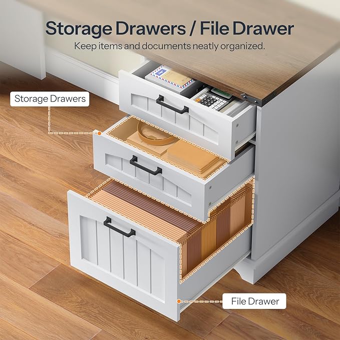 HOOBRO Farmhouse L Shaped Computer Desk Computer Desk with Power Outlets 59 Corner Office Desk with 3 Drawers &amp Adjustable Shelves for Home Office Study White and Walnut WH150UDN01