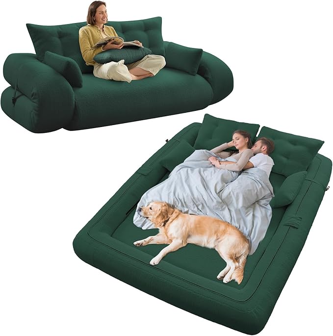 Rovibek 94 x 78 Oversized Floor Sofa with 4 Pillows 3-in-1 Convertible Sleeper Sofa Bed Compressed Couch in a Box for Living Room Apartment and Guest Roomg Green