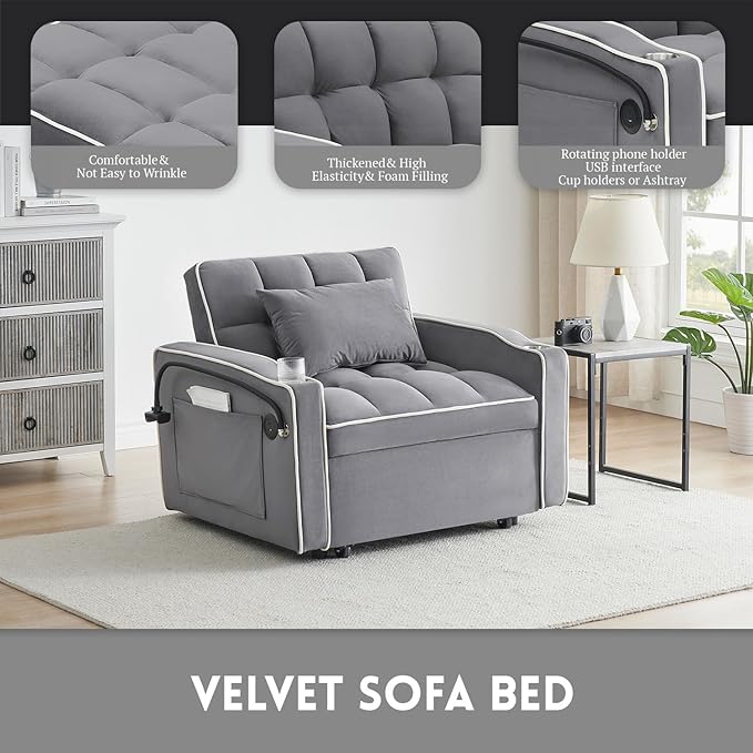 3 in 1 Sleeper Chair BedVelvet Convertible Sleeper SofaPull Out Bed Chair with USB Port &amp Ashtray and Swivel Phone Stand &amp Storage PocketsModern Sofa for Living Room