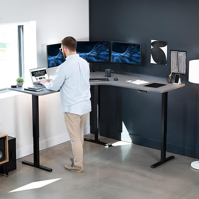 VIVO Electric Height Adjustable 71 x 71 inch Curved Corner Stand Up Desk Dark Gray Table Top Black Frame Memory Controller L-Shaped Workstation E3C Series DESK-KIT-E3CBG