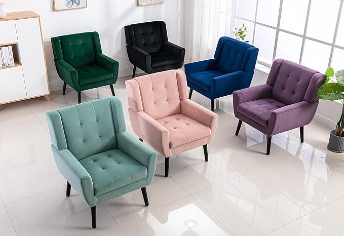 SSLine Velvet Accent Arm ChairMid-Century Modern Upholstered Wingback Single Sofa Armchair Club Chair with Solid Wood Legs Thick Cushion for BedroomReadingLiving Room Chair(Mint Green)