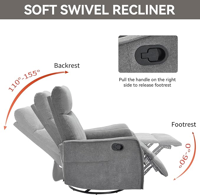 360°Swivel in Fabric Reclining ChairsHeat Massage Manual Recliner ChairSmall Recliners SpacesSingle Lazyboy Recliner Sofa for Living RoomRVBedroomGrey