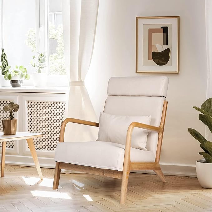 Mid Century Modern Living Room Chair Accent Chair with Extendable Headrest Single Sofa Chair Wood Frame Fabric Armchair Linen Reading Chair Upholstered Lounge Arm Chair (Beige)