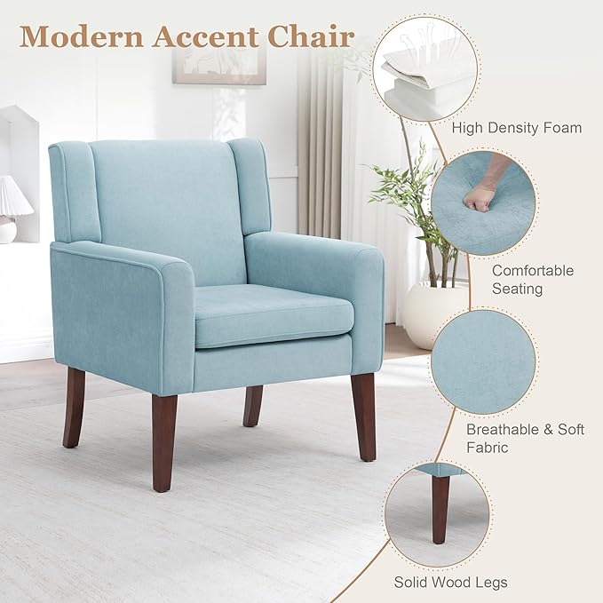 Accent Chairs Set of 2 Mid-Century Reading Chair with Wood Legs Upholstered Comfy Living Room Chair for Bedroom Apartment Waiting Room Light Blue
