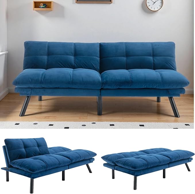 71-inch Microfiber Upholstered Futon Sofa Bed - 2 Seats Adjustable Arms/Back Iron Legs | Convertible to Sleeper for Main Living Spaces Bedrooms Offices (Navy Blue+2Seat)