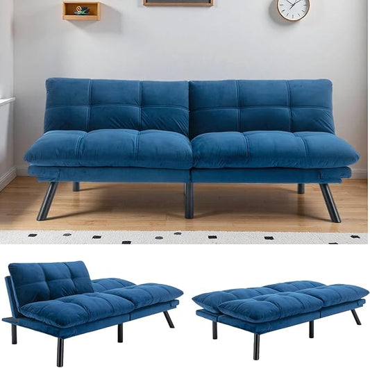 71-inch Microfiber Upholstered Futon Sofa Bed - 2 Seats Adjustable Arms/Back Iron Legs | Convertible to Sleeper for Main Living Spaces Bedrooms Offices (Navy Blue+2Seat)