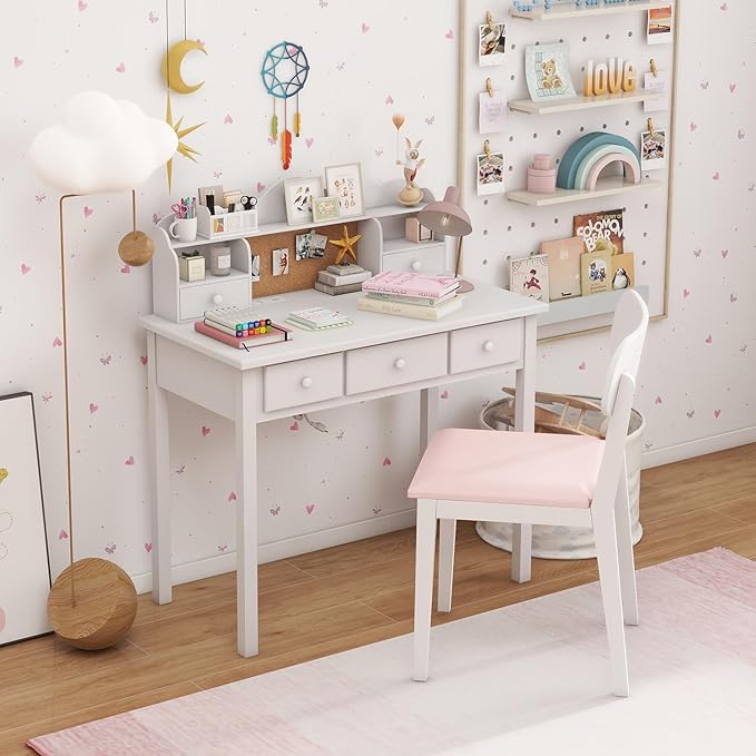 White Writing Desk with Hutch and Drawers 36 Inch Home Office Desk with Charge Station Computer Work Station with Storage Shelf