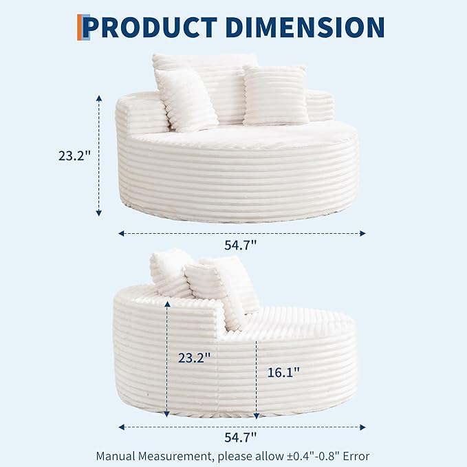 Garvee 55 Round Oversized Chaise Longue Chair Indoor Corduroy Upholstered Boneless Cloud Couch Deep Seat Sleeper Floor Sofa Chair for Living Room Bedroom Apartment White