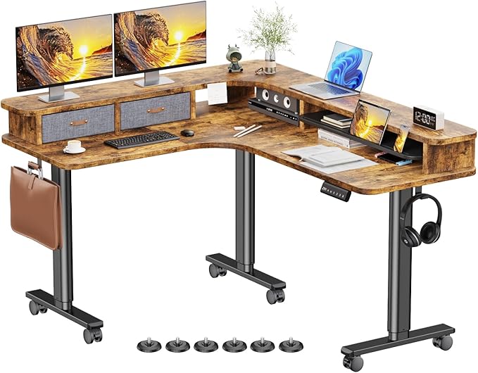 Flycity Electric L Shaped Standing Desk with Drawers 63 x 55 Corner Standing Desk Adjustable Height Stand Up Home Office Desk Dual Motor Sit Stand Desk with 3 Memory Preset &amp Lock Brown