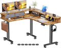 Flycity Electric L Shaped Standing Desk with Drawers 63 x 55 Corner Standing Desk Adjustable Height Stand Up Home Office Desk Dual Motor Sit Stand Desk with 3 Memory Preset &amp Lock Brown
